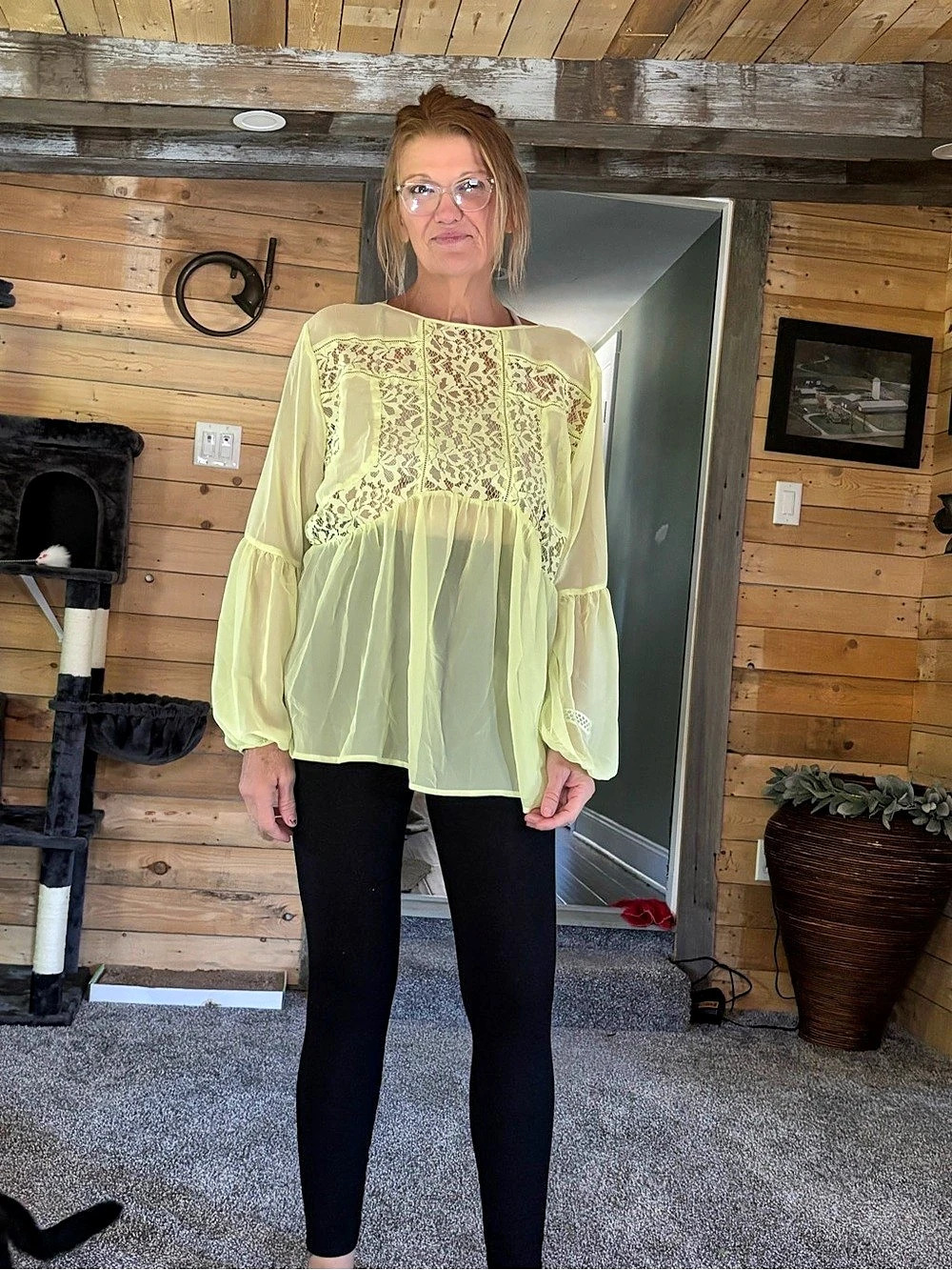 Lace Panel Balloon Sleeve Blouse in Yellow Like New